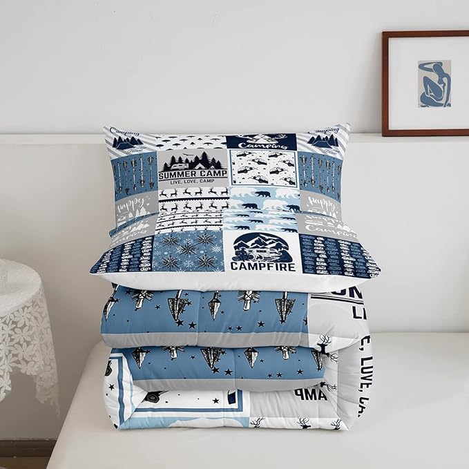 Erosebridal Happy Camping Bedding Set Queen Size for Boys Kids Teens, Camper Duvet Insert, Rustic Farmhouse Style Comforter Set, Sketch Drawing Camper Bedding, Camping Car Down Comforter, Blue