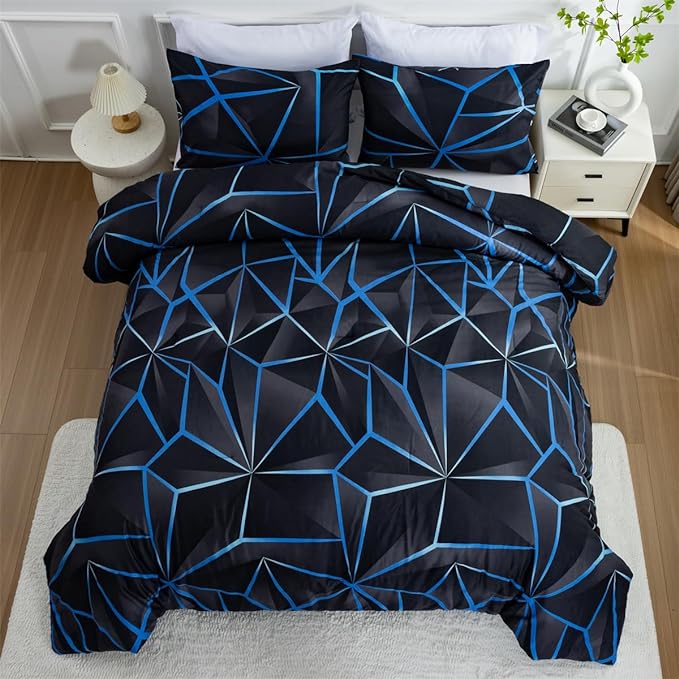 NTBED 3D Geometric Comforter Set for Boys Kids, Irregular Diamond Pattern Lightweight Microfiber Bedding Sets All Season (Dark Blue,Full)