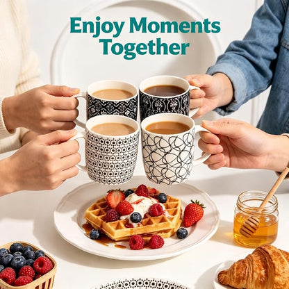 Okllen 6 Pack 11.5 Oz Coffee Mugs Geometric Textured, Ceramic Coffee Mugs Stylish Tea Cup Mugs Set Gift for Latte, Cappuccino, Milk, Water, Cocoa, Cereal, Black and White