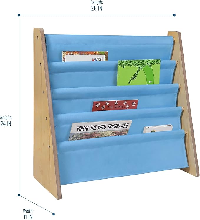 Wildkin Kids Canvas Sling Bookshelf for Boys and Girls, Wooden Design Features Four Fabric Shelves, Keep Bedrooms, Playrooms, and Classrooms Organized, an Ideal Kids Bookshelf (Natural w/Sky Blue)