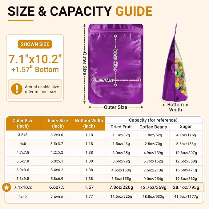 ANZNKU 100PCS Mylar Bags Resealable Large Smell Proof Bag(Purple, 7.1x10.2) | Stand Up Foil Pouches Clear Window, Sealable Bags for Small Business Packaging Snack Party Favors Candy Treats Food Storage