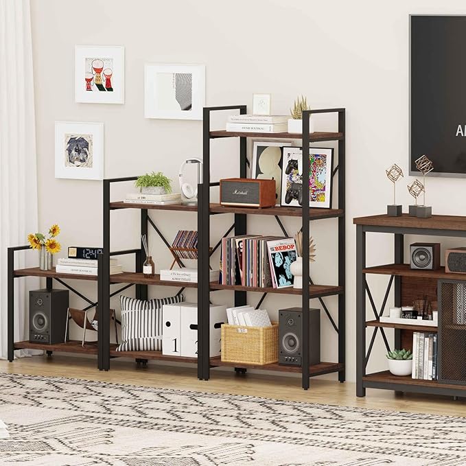 BON AUGURE 3 Tier Industrial Bookshelf, Office Small Open Book Shelf for Small Space, Short Wooden Etagere Bookcase (Rustic Oak)