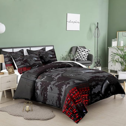 Tailor Shop Modern Camouflage Gaming Comforter Sets for Boys Gamer Comforter Red Mouse Keyboard Gamepad Bedding Set King Size with 1 Comforter 2 Pillowcases,03