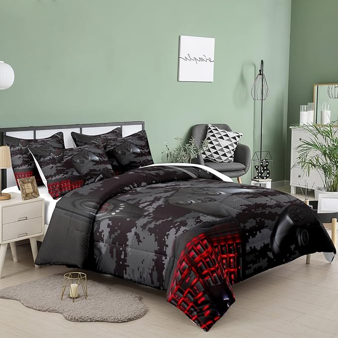 Tailor Shop Gaming Comforter Set Full Size for Boys, Black Camouflage Gamer Bedding Sets for Boys Kids Teenage, All Season 3 Piece Gaming Bed Set with 1 Comforter and 2 Matching Pillowcases…