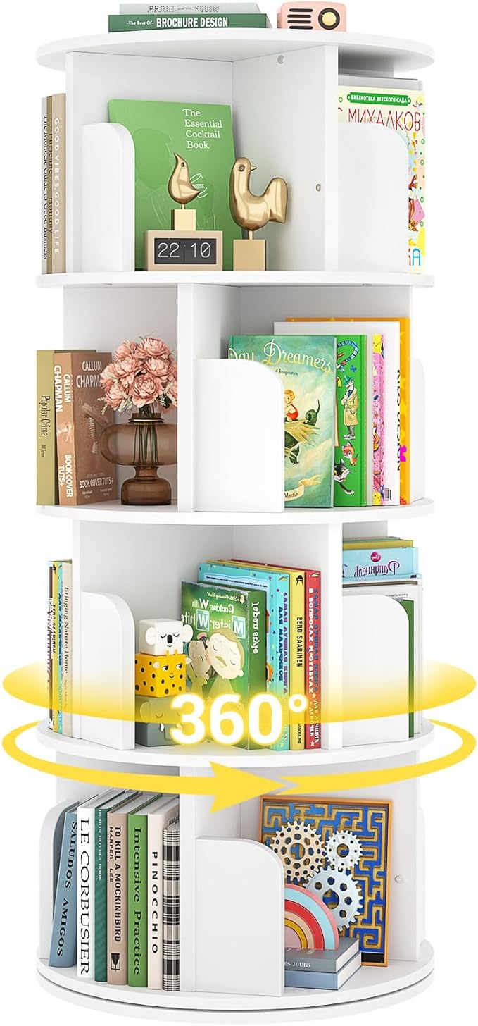 Rotating Bookshelf, Wood Corner Bookshelf, 360 Display Spinning Bookcase Storage Rack, 4 Tier Floor Standing Revolving Bookcase Narrow Book Shelf Organizer for Small Space, Bedroom, White