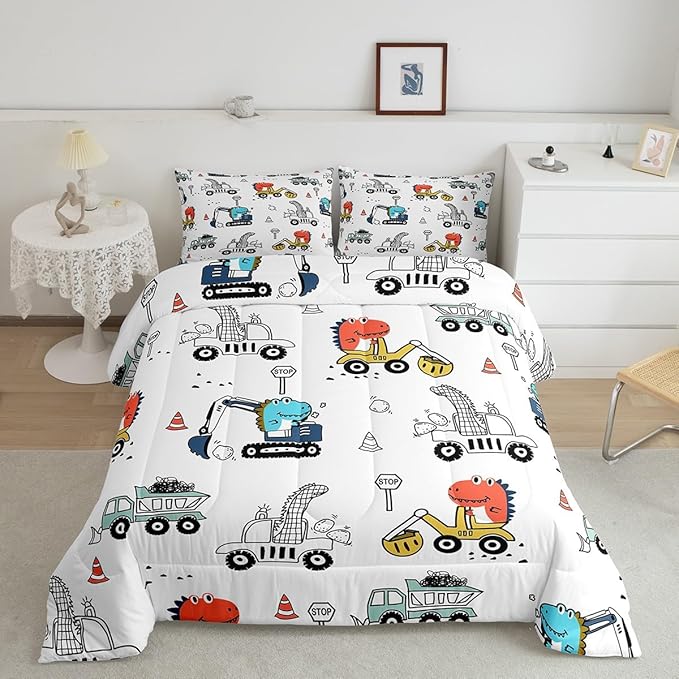 Feelyou Kids Cartoon Car Comforter Set Construction Bedding Set Twin Size Tractor Vehicle Truck Comforter for Kids Boys Girls Cute Dinosaur Quilt Set Yellow Blue Soft for Teens Child Room Decor