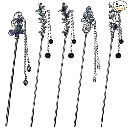 5PCS Butterfly Flower Hair Sticks for Buns Long Hair Retro Vintage Asian Chinese Traditional Hanfu Vintage Floral Metal Hairpins Hair Accessories for Women Girls