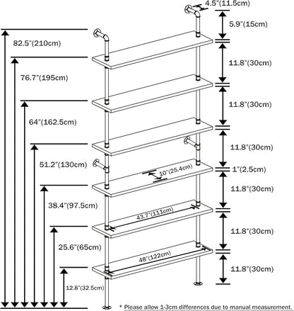 6 Tier Industrial Ladder Pipe Shelf, Wall Mounted Wood Metal Bookshelf for Living Room Storage (Weathered Brown, 10" D x 48" W x 82.5" H)