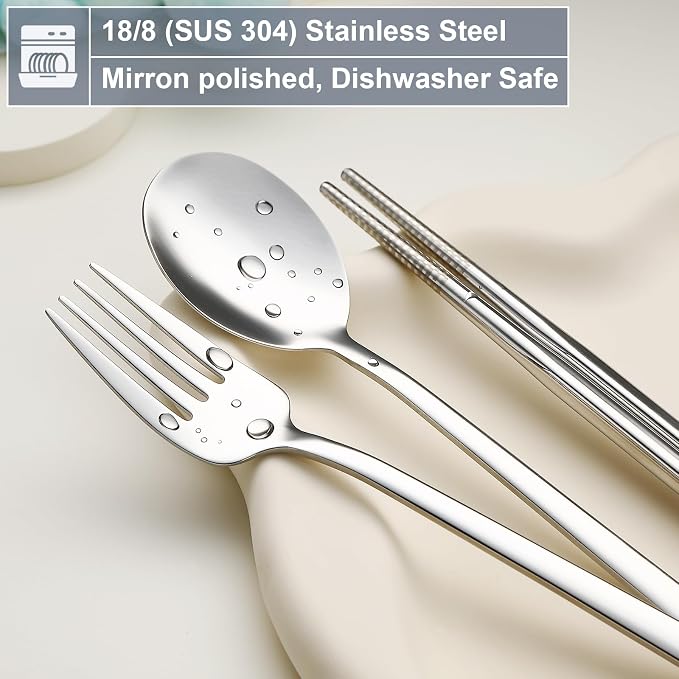 DEVICO Utensils for Lunch Box, Portabl Korean Chopsticks Fork and Spoon Set | 4Pcs 18/8 Stainless Steel Travel Silverware Set with Case, for Camping/School, for Kids/Adults, Dishwasher Safe, Beige-Blue