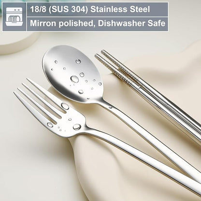 DEVICO Utensils for Lunch Box, Portabl Korean Chopsticks Fork and Spoon Set | 4Pcs 18/8 Stainless Steel Travel Silverware Set with Case, for Camping/School, for Kids/Adults, Dishwasher Safe, Beige-Blue
