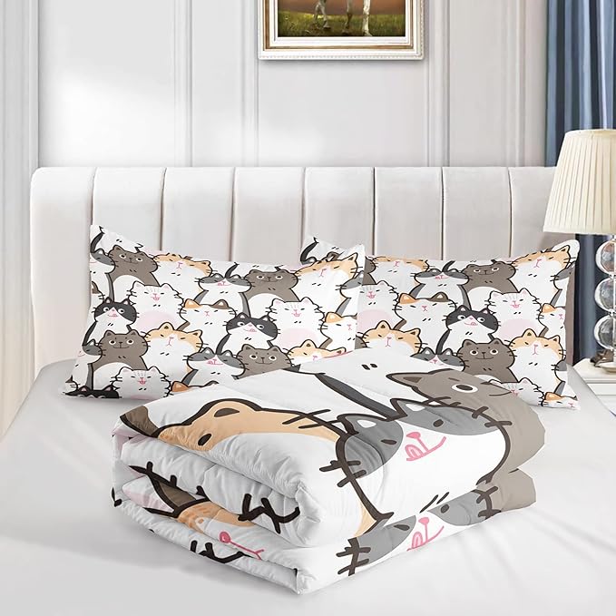 CVHOUSE Cat Bedding,Cartoon Cat Comforter Full,Animals Print Comforter Set for Kids,Kawaii Quilt Set with 1 Comforter and 2 Pillow Cases