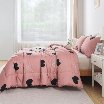 Love Pattern Girls Pink Comforter Set Twin Size, Cameo Brown Cute Love Heart Print Sexy Comforter Bedding Set for All Seasons, Geometric Soft Microfiber Comforter Set with Pillowcase