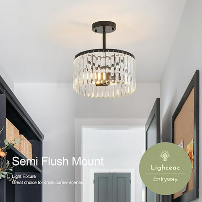 Modern 12" Black Semi Flush Mount Crystal Ceiling Light Fixtures for Dining Room Luxury Glam 2-Light Small Chandeliers Lighting for Bedroom Entryway Hallway Living Room Kitchen Island Foyer