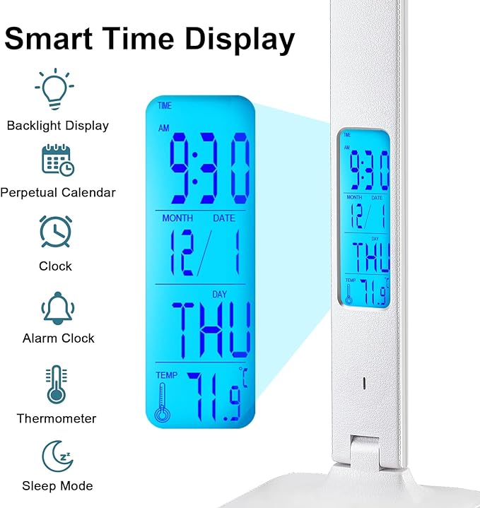 LAOPAO LED Desk Lamp with Wireless Charger, USB Charging Port, Adjustable Foldable Table Lamp with Clock, Alarm, Date, Temperature, 5-Level Dimmable Lighting, Office Lamp with Adapter, White