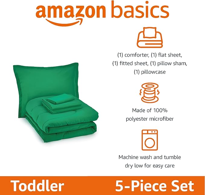Amazon Basics 2 Piece Microfiber Kid's Bed-in-a-Bag Bedding Set, Toddler, Green, Solid