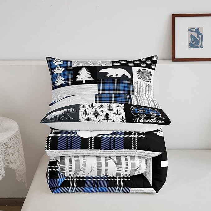 Manfei Bear Paws Comforter Set Twin Size,Pine Trees Geometric Plaids Patchwork Bedding Set for Kids Boys Girls Adults Room Decor,Hunting Adventure Down Comforter,Blue Rustic Duvet Insert,1 Pillowcase
