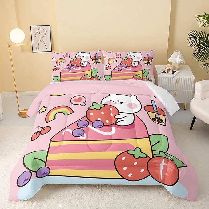Kawaii Bear Comforter Twin,Pink Bear Comforter Set for Kids Teens Girls,3Pcs Bedding Set Printed Comforter with 2 Pillowcases,Down Alternative,Soft and Lightweight，Twin Size