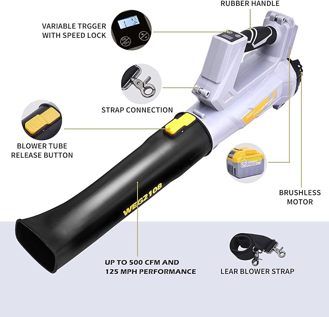 500 CFM Cordless Leaf Blower, 2 x 21V 6.0Ah Battery and Charger, Electric Leaf Blowers for Patio Cleaning, Lawn Care, Blowing Leaves and Snow