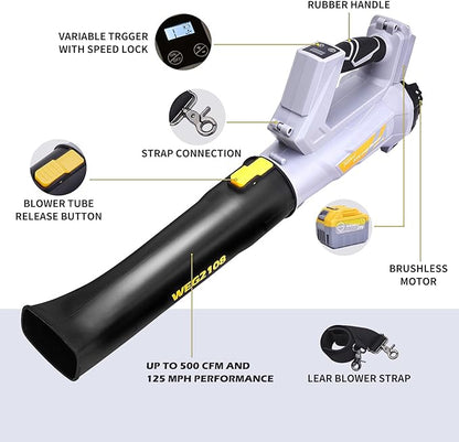 500 CFM Cordless Leaf Blower, 2 x 21V 6.0Ah Battery and Charger, Electric Leaf Blowers for Patio Cleaning, Lawn Care, Blowing Leaves and Snow