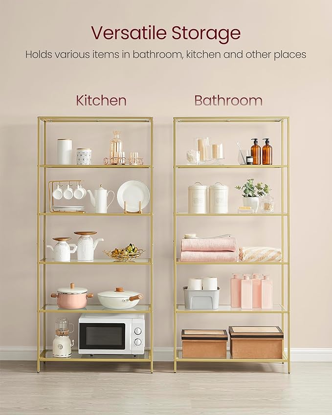 VASAGLE Bookcase, 6-Tier Bookshelf, Slim Shelving Unit for Bedroom, Bathroom, Home Office, Tempered Glass, Steel Frame, Metallic Gold ULGT503A01