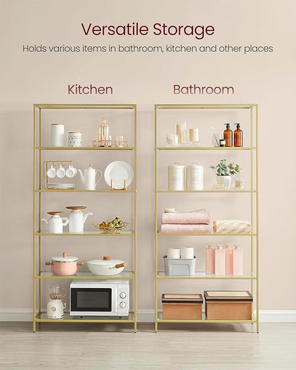 VASAGLE Bookcase, 6-Tier Bookshelf, Slim Shelving Unit for Bedroom, Bathroom, Home Office, Tempered Glass, Steel Frame, Metallic Gold ULGT503A01