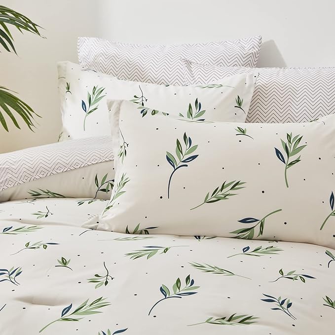 EMME Queen Comforter Set - Sage Green Floral Bedding Set 7 PCS with Nature Leaves Pattern, Soft Leaf Printed Botanical Bed Set with Sheets, Fluffy Bed Bag for All Season(90"X90")