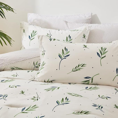 EMME Queen Comforter Set - Sage Green Floral Bedding Set 7 PCS with Nature Leaves Pattern, Soft Leaf Printed Botanical Bed Set with Sheets, Fluffy Bed Bag for All Season(90"X90")