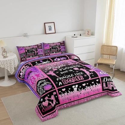Cheerleading Comforter Set Cheer Gifts,Cheerleader Loves Bedding Set for Kids Girls Teens Adult,Cheer Pink (no real) Sequins Quilt Set Full Geometric Plaid Patchwork Duvet Insert with 2 Pillowcases