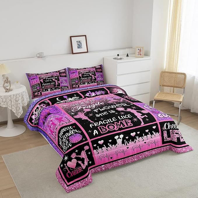 Cheerleading Comforter Set Cheer Gifts,Cheerleader Loves Bedding Set for Kids Girls Teens Adult,Cheer Pink (no real) Sequins Quilt Set Twin Geometric Plaid Patchwork Duvet Insert with 1 Pillowcase