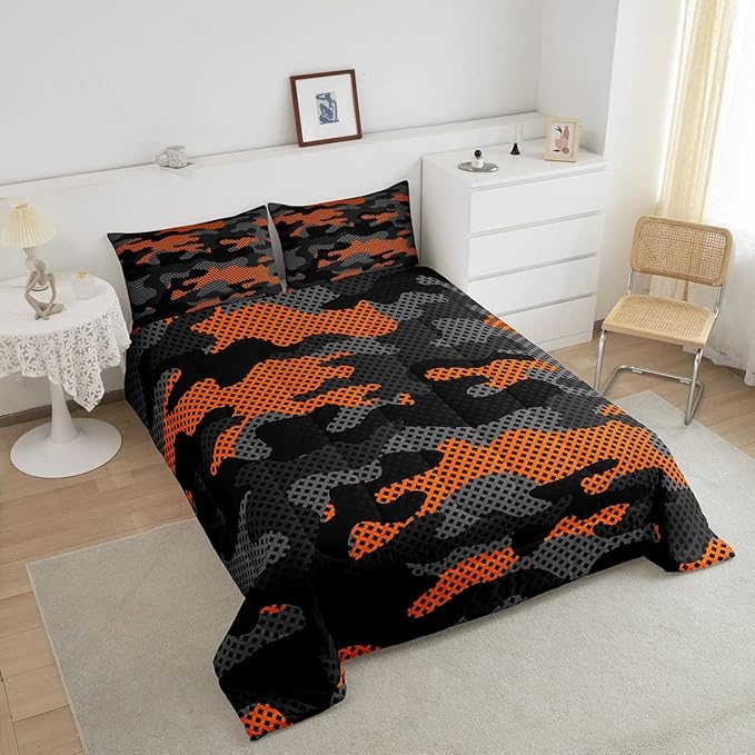 Erosebridal Army Camouflage Comforter Set Queen Size Teens Adult Camo Bedding Set for Kids Boys Girls Colorful Pattern Decor Down Comforter Orange Black Grey Duvet Set Geometric Pattern Quilt Set