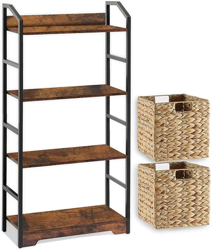 Vagusicc 4 Tier Bookshelf with 2 Storage Baskets, Tall Bookcase Shelf Storage Organizer Wood Book Shelf, Modern Shelf Rack Shelves with Steel Frame, Multipurpose Bookshelf for Bedroom Living Room