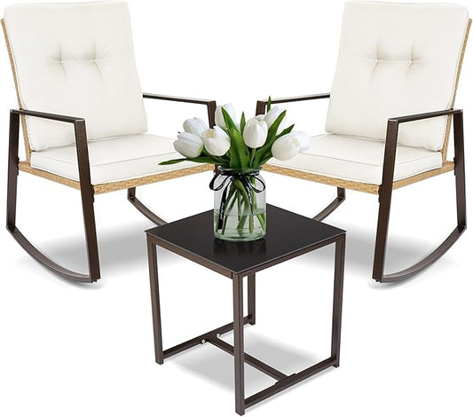 YIYAN 3 Pieces Patio Bistro Set Outdoor Rattan Wicker Rocking Chairs Set,Patio Outdoor Furniture Conversation Sets with Sofa Chairs,Glass Coffee Table and Washable cushion (Light Beige)