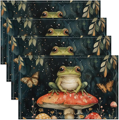 Feelyou Frog Placemats Set of 4 Cute MushKitchen Dining Table Placemats for Dining Table Indoor Outdoor Kitchen 12"x18" Cartoon Mushrooms Table Mats Placemat Kawaii Decor Table Place Mats Animal Print