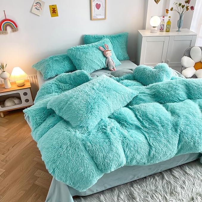 Faux Fur Kids Girls Sky Blue Comforter Sets King - 3PC Bed Set Warm Comfortable Soft Plush Flannel Velvet Fluffy Fuzzy Bedding（Comforter x 1 Pillowcases x 2）