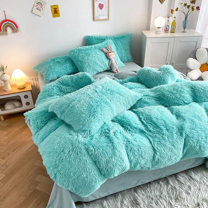 Faux Fur Kids Girls Sky Blue Comforter Sets King - 3PC Bed Set Warm Comfortable Soft Plush Flannel Velvet Fluffy Fuzzy Bedding（Comforter x 1 Pillowcases x 2）