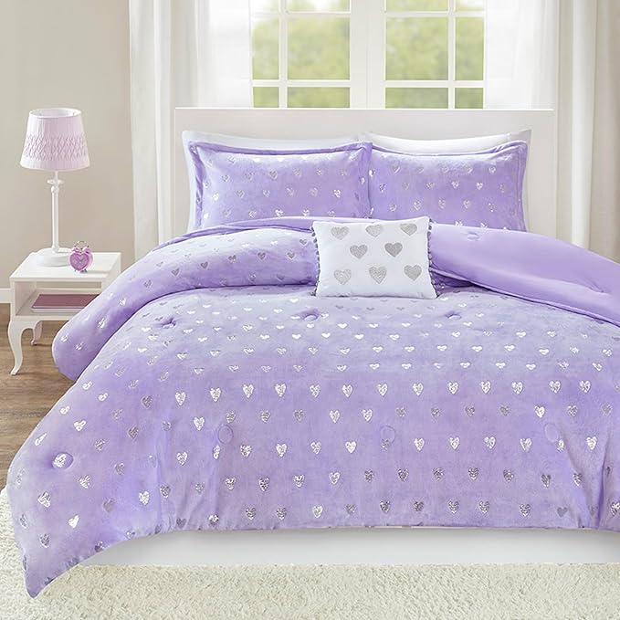 Mi Zone Rosalie Comforter Set for Girls, Ultra-Soft Microlight Plush Metallic Printed Hearts Brushed Reverse Overfilled Down Alternative Hypoallergenic All Season, Full/Queen, Purple/Silver, 4 Piece