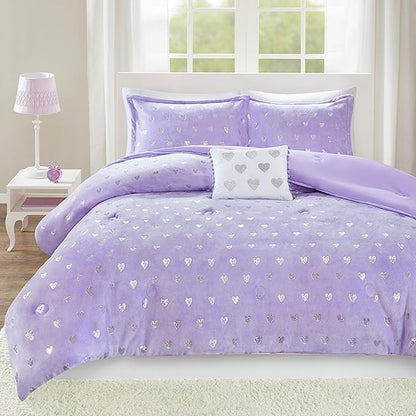 Mi Zone Rosalie Comforter Set for Girls, Ultra-Soft Microlight Plush Metallic Printed Hearts Brushed Reverse Overfilled Down Alternative Hypoallergenic All Season, Full/Queen, Purple/Silver, 4 Piece