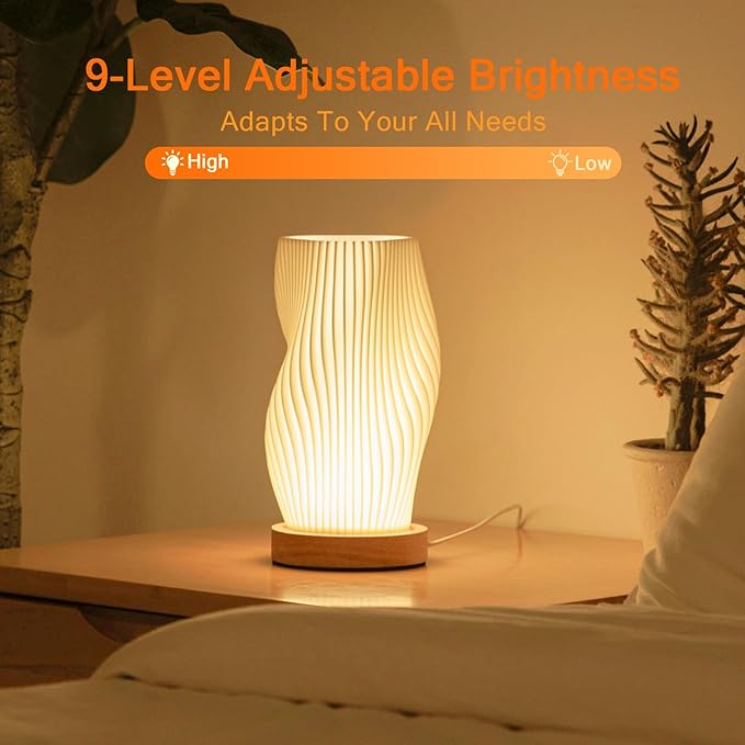 Bedside Lamps for Bedroom Nightstand Lamp,Vintage Style Striped Small Night Light Lamp,Gold Mini Modern Lamp with Woodbase,Gold Mini Table Lamp LED Lights for Living Room,Dorm,Kids Room,Office