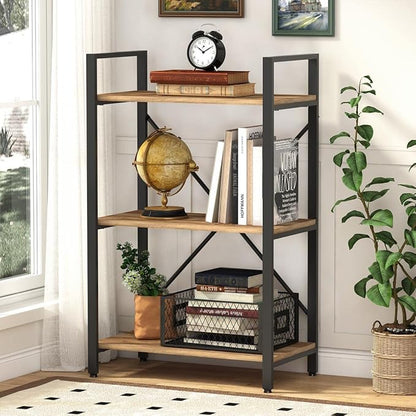 BON AUGURE Industrial 3 Tier Bookshelf, Rustic Small Book Shelves for Small Spaces, Short Wood Metal Etagere Bookcase for Living Room, Bedroom and Office (Vintage Oak)