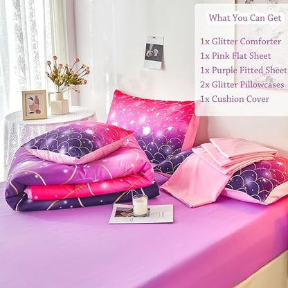 URBONUR Purple Glitter Comforter Set Full Size for Girls 6 Piece Bed in A Bag Comforter with Sheets Set, Gradient Pink Purple Sparkle Mermaid Fish Scales Bedding Comforter Set