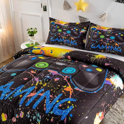 Gamer Comforter Sets for Teen Boys,Gaming Bedding Sets Twin,Video Game Bedspread,Game Gamepad Bed Set,Controller Bedding Gamer Home Decor 3 Piece 1 Comforter and 2 Pillowcases