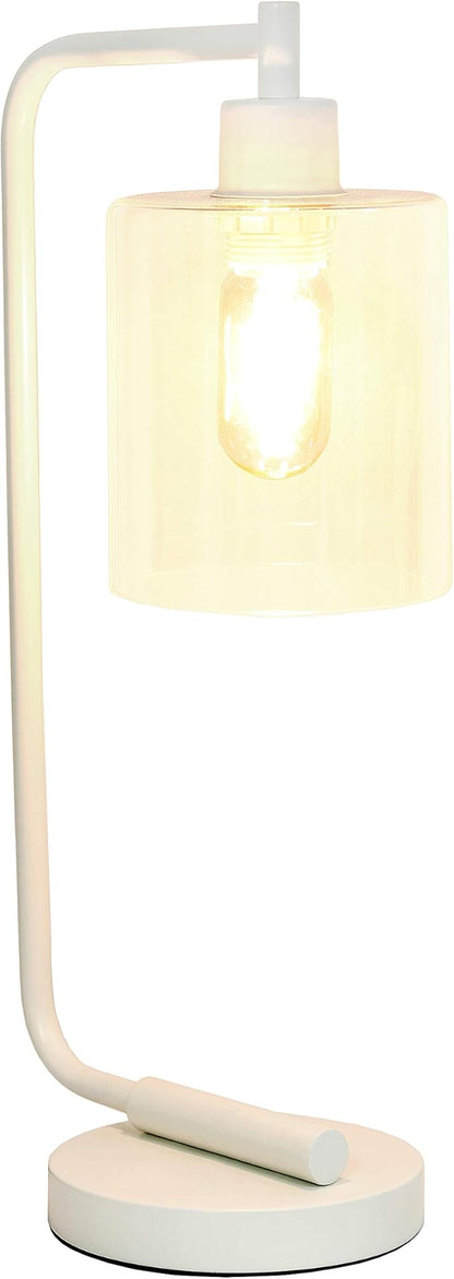 Simple Designs LD1036-WHT Bronson Antique Style Industrial Iron Lantern Desk Bedside Glass Shade Table Lamp, White