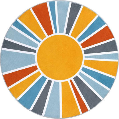 Topotdor Sun Rainbow Round Rug 4ft Boho Kids Nursery Rug, Colorful Washable Area Rug Ultra Soft Circle Classroom Rug Non-Slip for Bedroom Living Room Playroom Decor, Blue