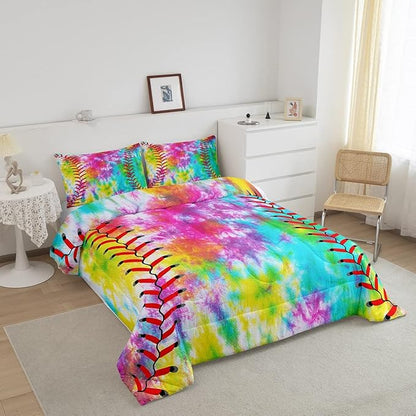 Kids Baseball Comforter Boys Girls Softball Sports Game Comforter Set Girly Colorful Tie Dye Bedding Set Teens Men Baseball Gaming Quilt Set Rainbow Room Decor Full Size for All Season 3Pcs