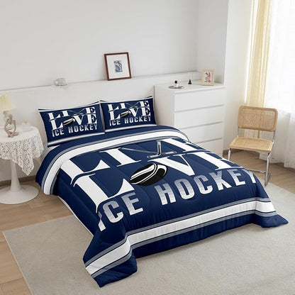 Feelyou Ice Hockey Bedding Set Twin Size Ice Sports Games Comforter Set for Kids Boys Girls Decor Hockey Player Comforter Microfiber Puck Hockey Duvet Set Bedroom Quilt Set