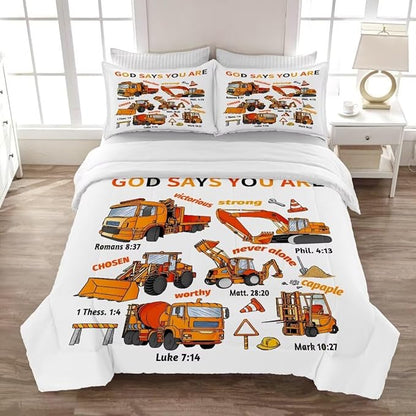 Kids Construction Vehicles Truck Comforter for Boys Queen,Cartoon Car Excavator Tractor Bedding Set,Construction Christian Spirational Quotes Comforter with 2 Pillowcases White