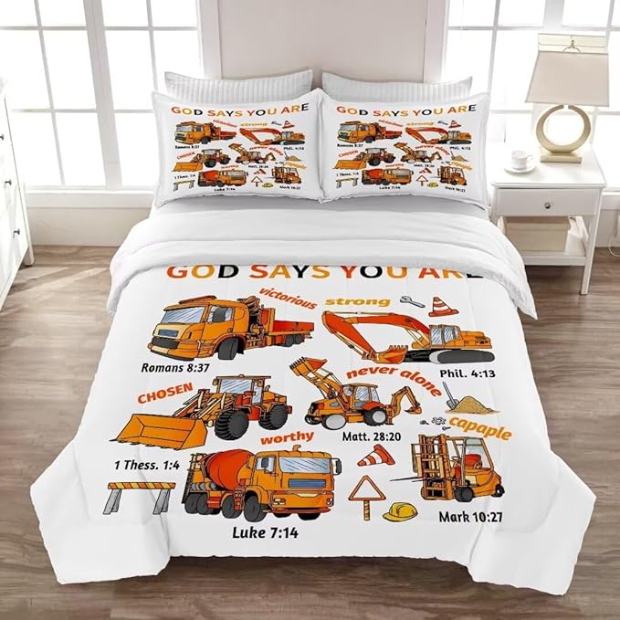Kids Construction Vehicles Truck Comforter for Boys Twin,Cartoon Car Excavator Tractor Bedding Set,Construction Christian Spirational Quotes Comforter with 2 Pillowcases White