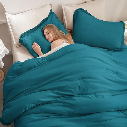 Andency Turquoise Comforter Set Queen, 3 Pieces Boho Teal Tassel Lightweight Bedding Comforter Sets, All Season Teal Blue Soft Fluffy Fringe Bed Set (90x90In Comforter & 2 Pillowcases)