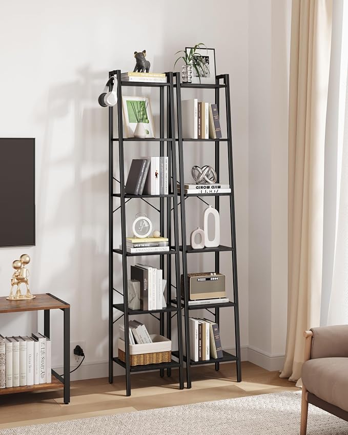 Ladder Shelf, Bookshelf Bookcase, Freestanding Corner Storage Shelve with 2 Hooks for Home Office, Living Room, Kitchen, Bedroom, Industrial, 6-Tier Black BC13304B