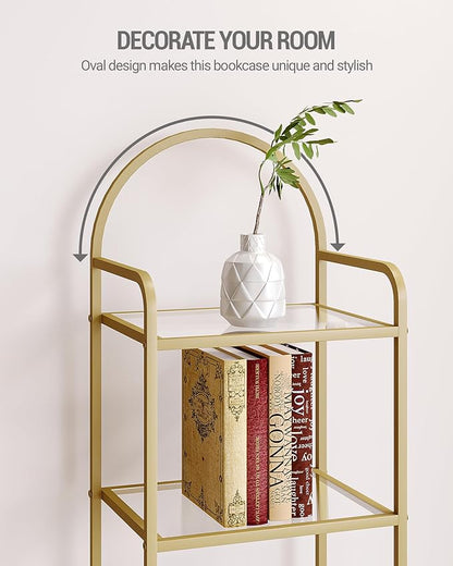 Bookcase Bookshelf, Tempered Glass Bookshelves, Slim Shelving Unit for Bedroom, Bathroom, Home Office, Steel Frame, 6 Tier Gold BC10601G